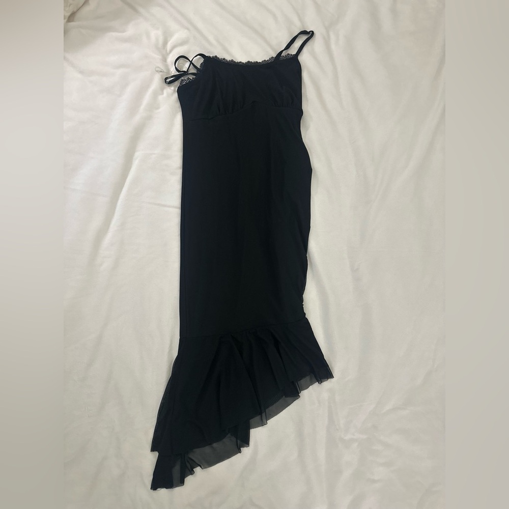 Black Asymmetrical Midi Dress with Ruffled Detailing